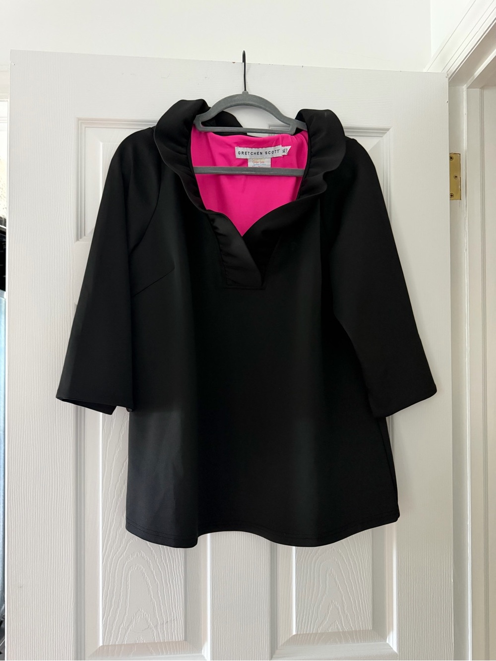 Gretchen Scott Designs Black Top with Hot Pink Lining and Ruffle Collar